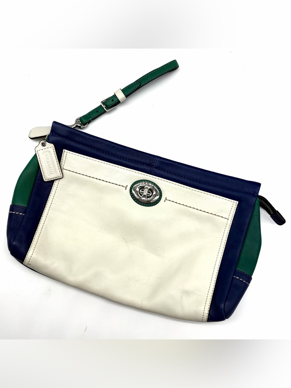 Coach Navy, White & Green Leather Color Block Large Wristlet Clutch Bag Zip Lock